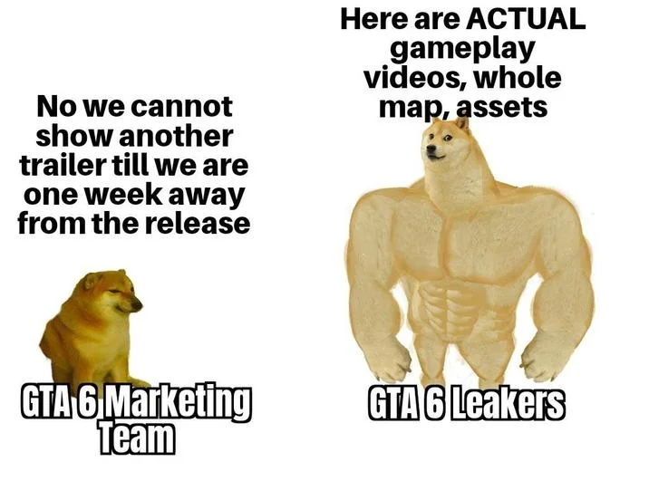 A Cheems vs. Buff Doge meme mocking how the GTA 6 marketing team withheld trailers while leakers dropped gameplay footage, the map, and full asset dumps.