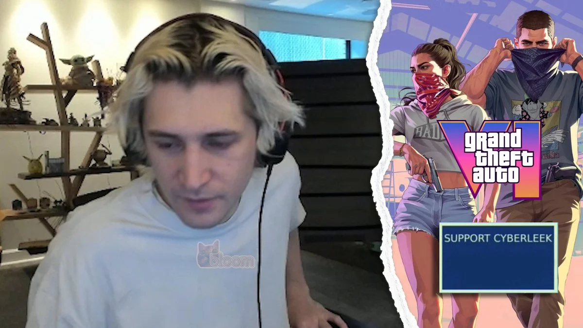 A split-panel meme pairs a solemn-looking streamer with Grand Theft Auto VI key art and a 'Support CyberLeek' badge, referencing reactions to the August 2026 GTA 6 leaks.