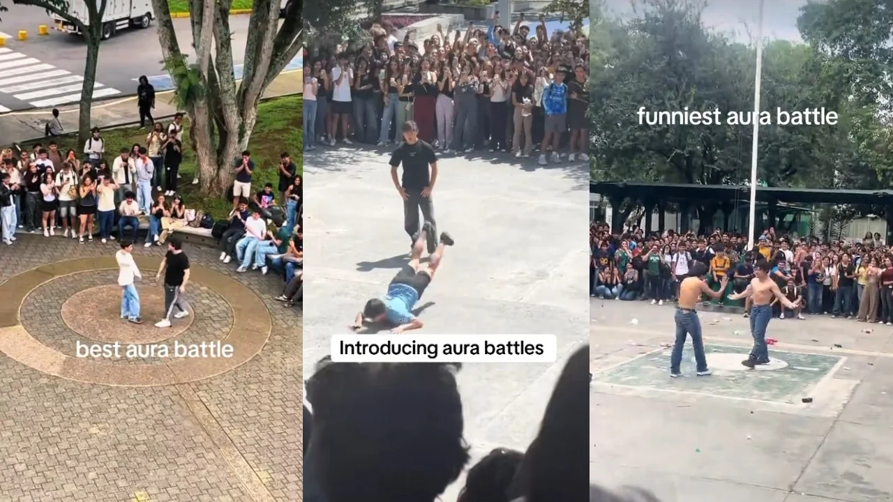 A compilation of viral TikTok clips showcasing the 'aura battles' trend, where teens square off in front of crowds to display dominance through posture and swagger.