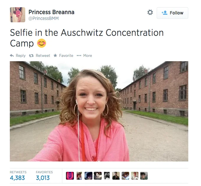 The original viral tweet by @PrincessBMM captioned "Selfie in the Auschwitz Concentration Camp," which accumulated thousands of retweets.