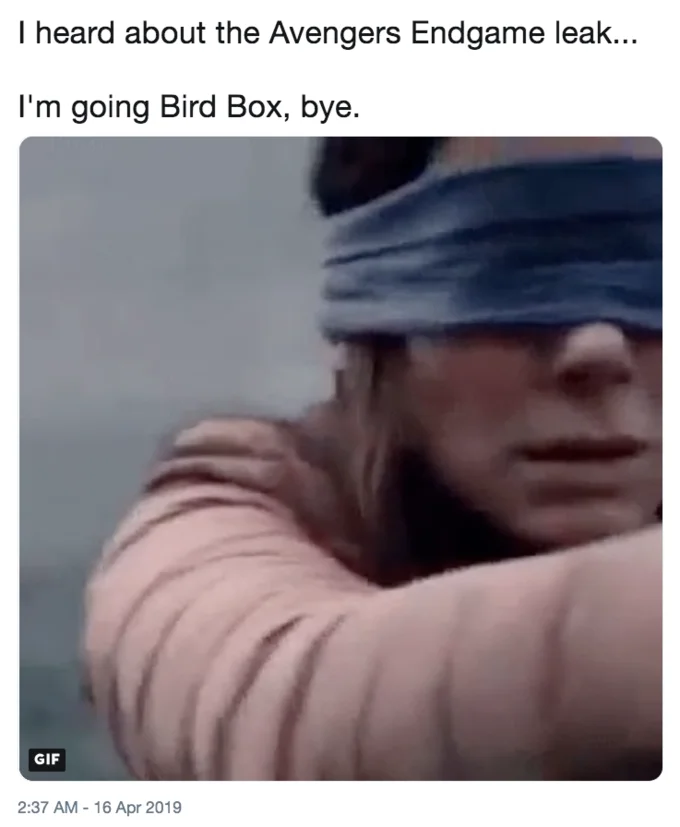 A joke tweet referencing the Bird Box blindfold meme as a way to avoid the Avengers: Endgame leaks.