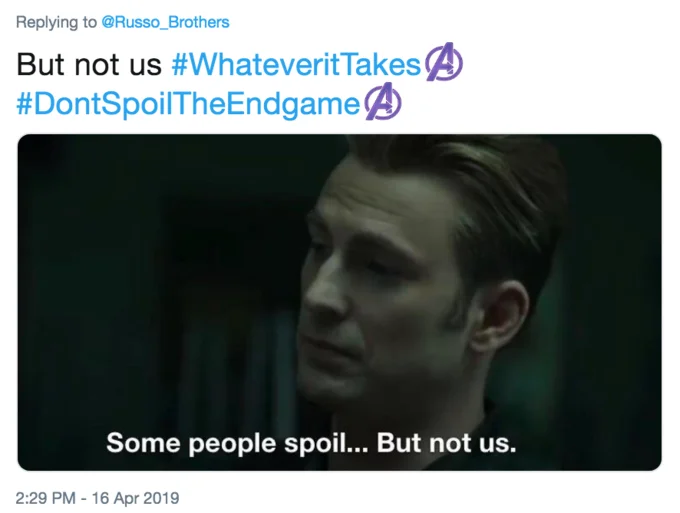 A fan reply to the Russo Brothers' anti-spoiler plea, remixing a Captain America line from the Endgame trailer.