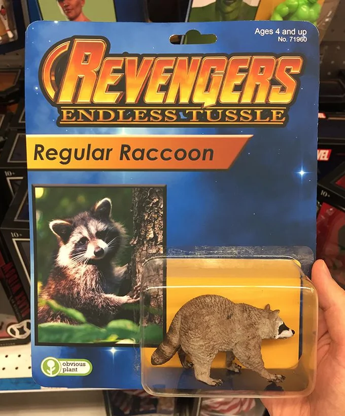 A photoshopped bootleg toy package parodying Avengers: Infinity War as 'Revengers: Endless Tussle', part of a popular Obvious Plant series of joke products.