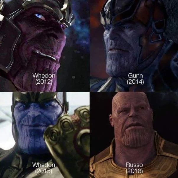 A meme comparing the evolution of Thanos' design across his MCU appearances under different directors, culminating in the Russo brothers' redesigned 2018 version.
