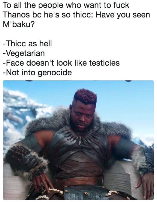 A text-based Twitter meme playing on the popular 'Thicc Thanos' joke by transforming the name Thanos into the word 'thicc'.