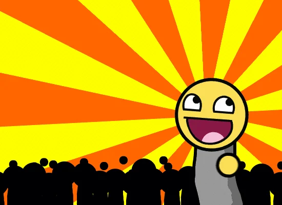 An 'epic win' illustration featuring the Awesome Face celebrating before a silhouetted crowd, a common variant used to convey triumph.