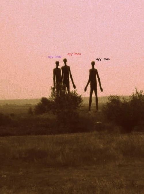 A hazy 'field aliens' photograph turned meme, with each figure captioned 'ayy lmao'.