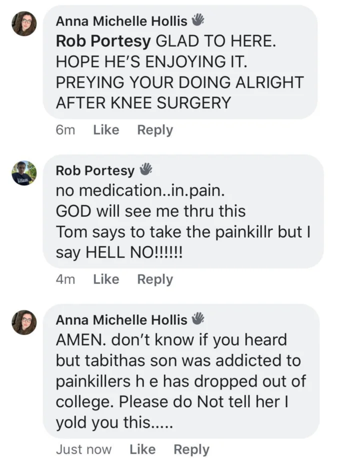 Another exchange from the pretend-boomer Facebook group, capturing stereotypical topics like ailments, faith, and family gossip.