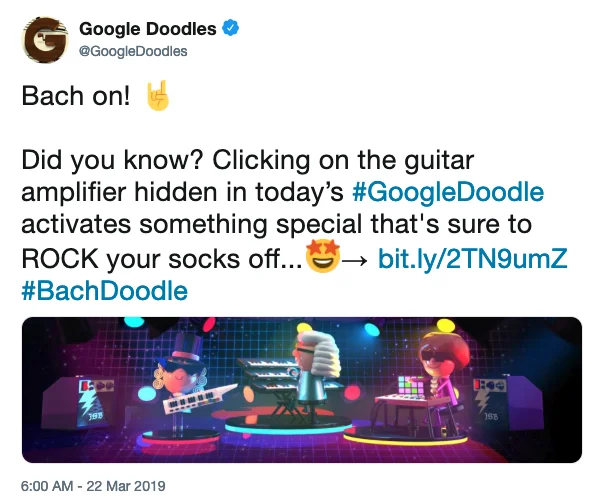An official @GoogleDoodles tweet from March 22, 2019 highlighting the hidden guitar amplifier easter egg within the Bach Doodle that unlocks a rock-themed scene.