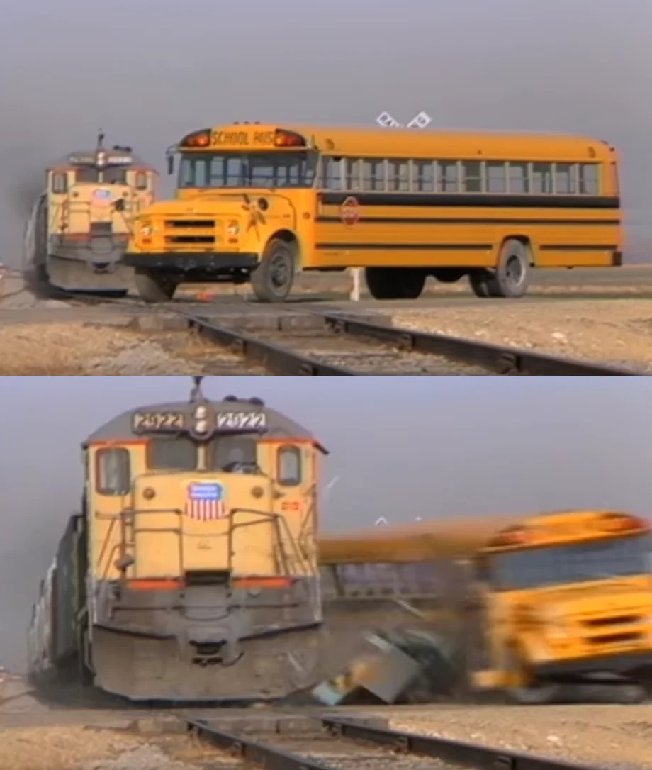 School bus train collision chaos.