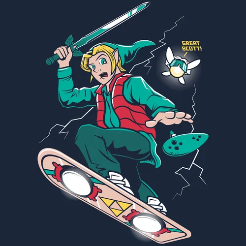 A Zelda-meets-Back to the Future crossover illustration blending Marty McFly's hoverboard and vest with Link's sword and fairy companion.