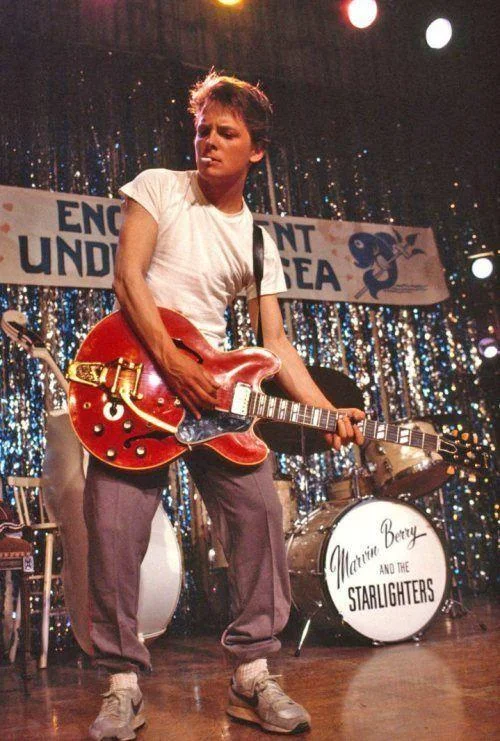 Marty McFly performs "Johnny B. Goode" at the Enchantment Under the Sea dance, one of the most memorable scenes from Back to the Future.