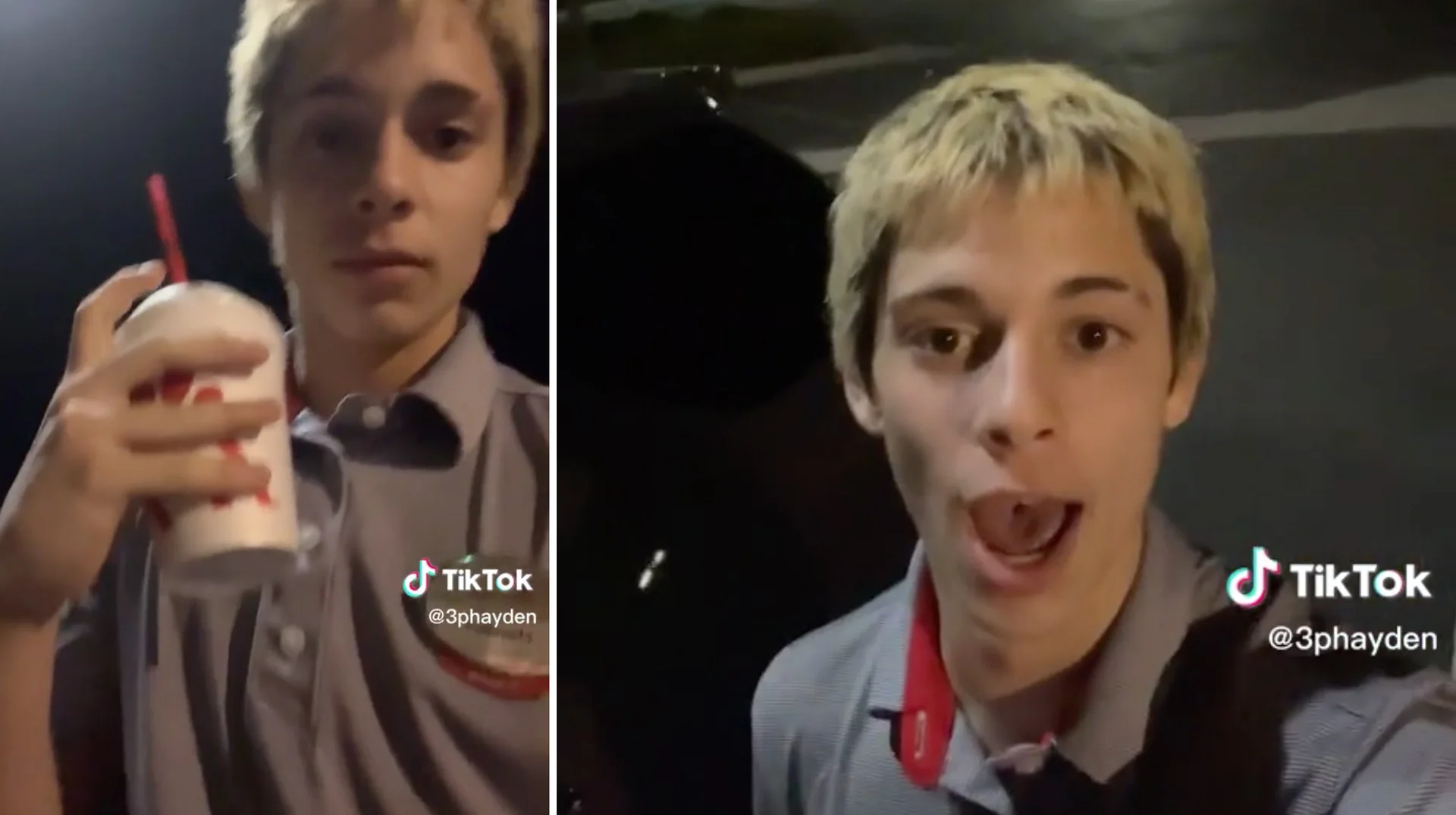 Screenshots from TikToker @3phayden's viral video that spawned the 'back with another milk, help' meme.