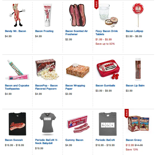 A collection of bacon-themed novelty products showing how the bacon trend spread into consumer merchandise.