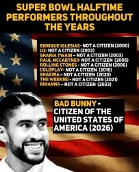 Infographic meme listing Super Bowl halftime performers' citizenship with Bad Bunny marked as US citizen