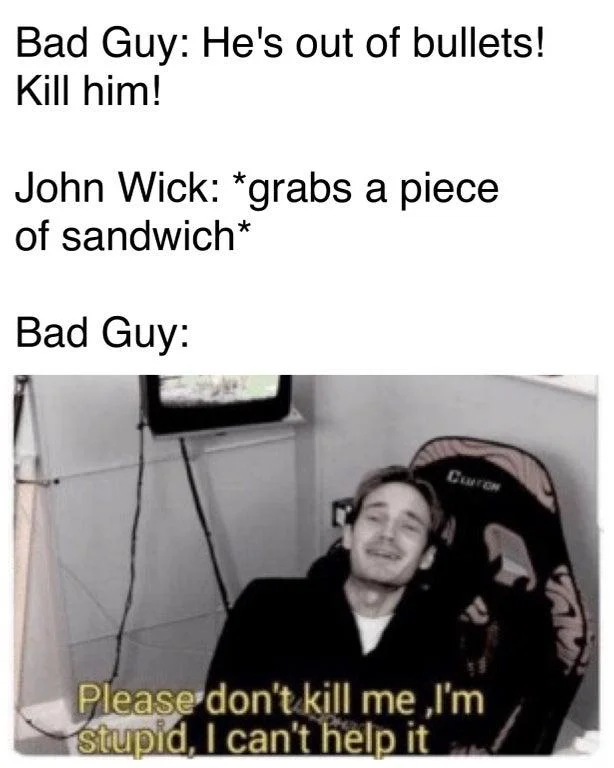 A party-themed spin on the format: even a red Solo cup becomes a threat once it's in John Wick's hand.