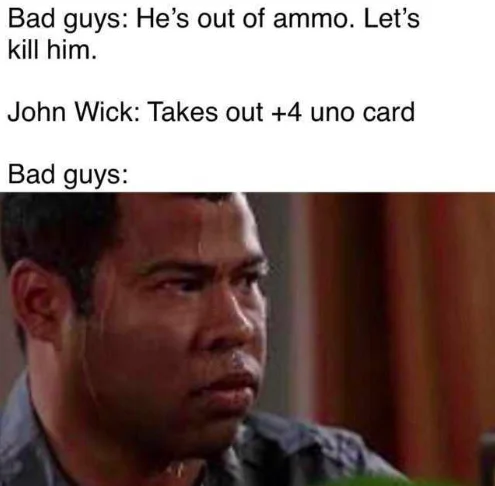 A Marvel crossover riff on the format: even Thanos loses his confidence the moment John Wick lifts Mjolnir.