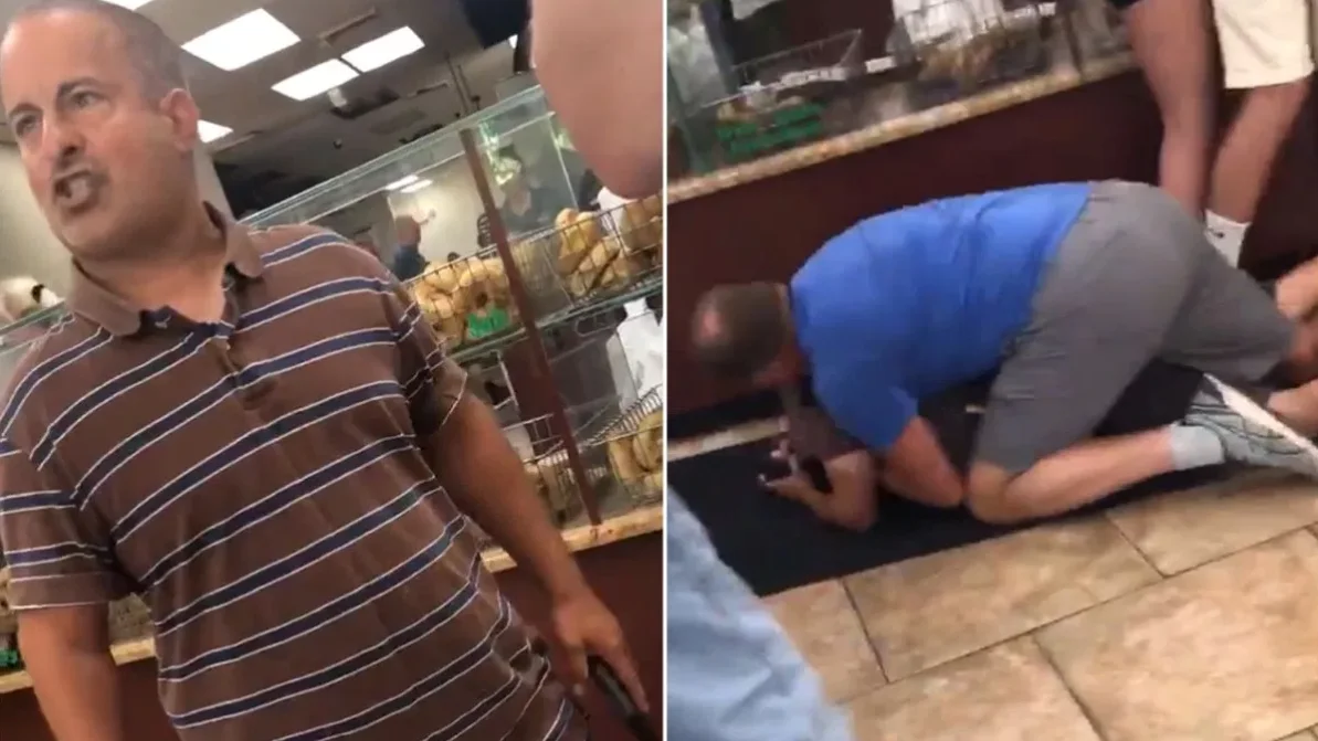 The viral Bagel Boss incident: Chris Morgan shouting inside a Long Island bagel shop before being taken down by another customer (July 2019).