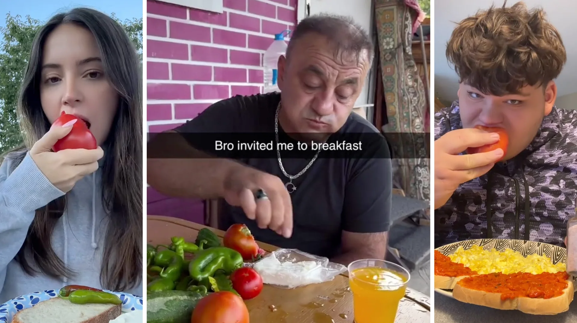 TikTok screenshots depicting the 'Balkan breakfast' trend, in which users share videos of a simple traditional meal of raw tomatoes, peppers, bread, and salt.