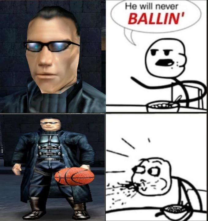 Primate/ape photos arranged in 'He will never BALLIN'' four-panel meme