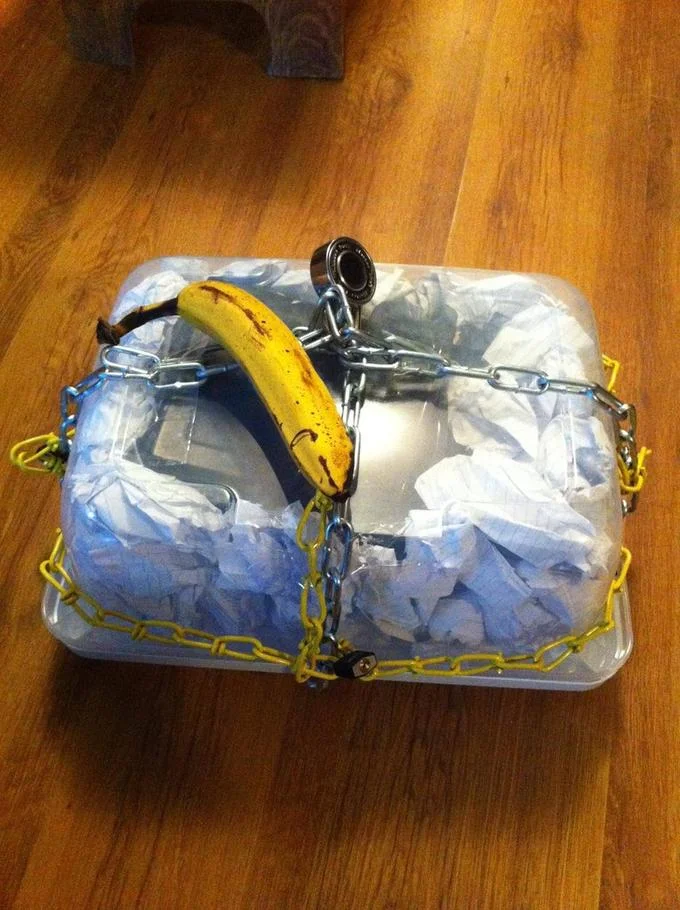 A banana provides scale for a chained-up plastic container.