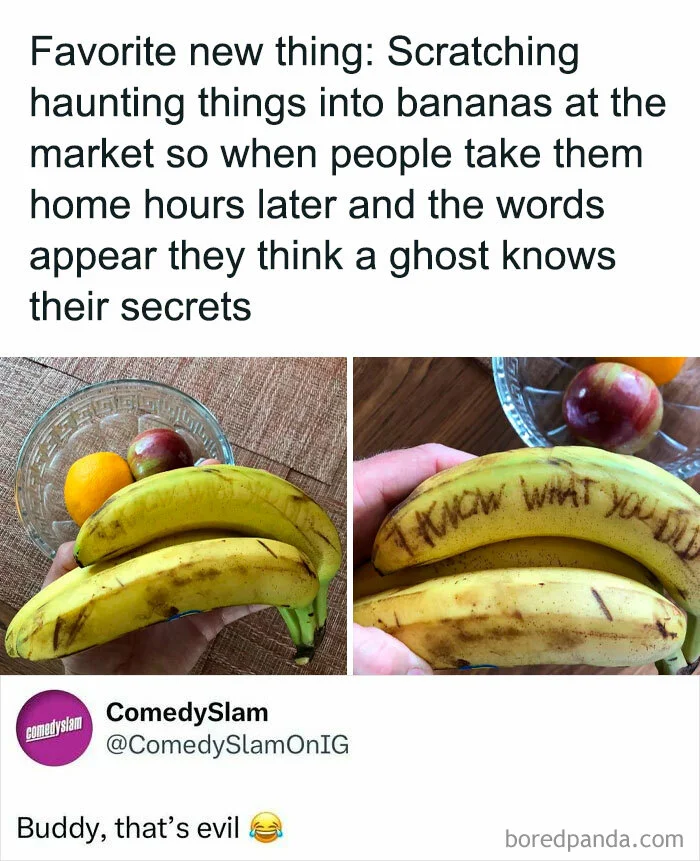 Banana prank meme about writing mysterious messages on fruit peels.
