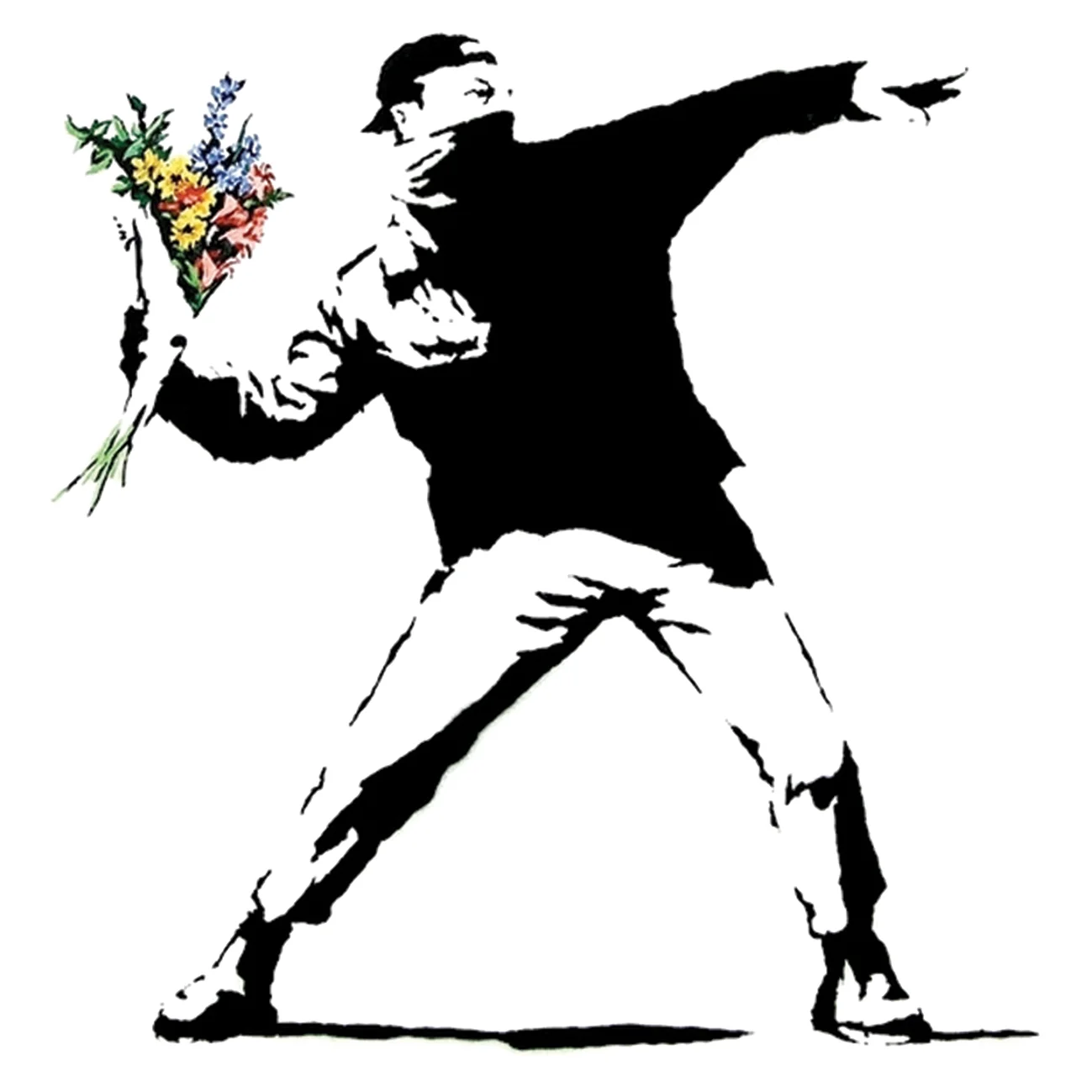Banksy's famous 'Flower Thrower' (Love is in the Air) stencil, one of the artist's most recognized works.