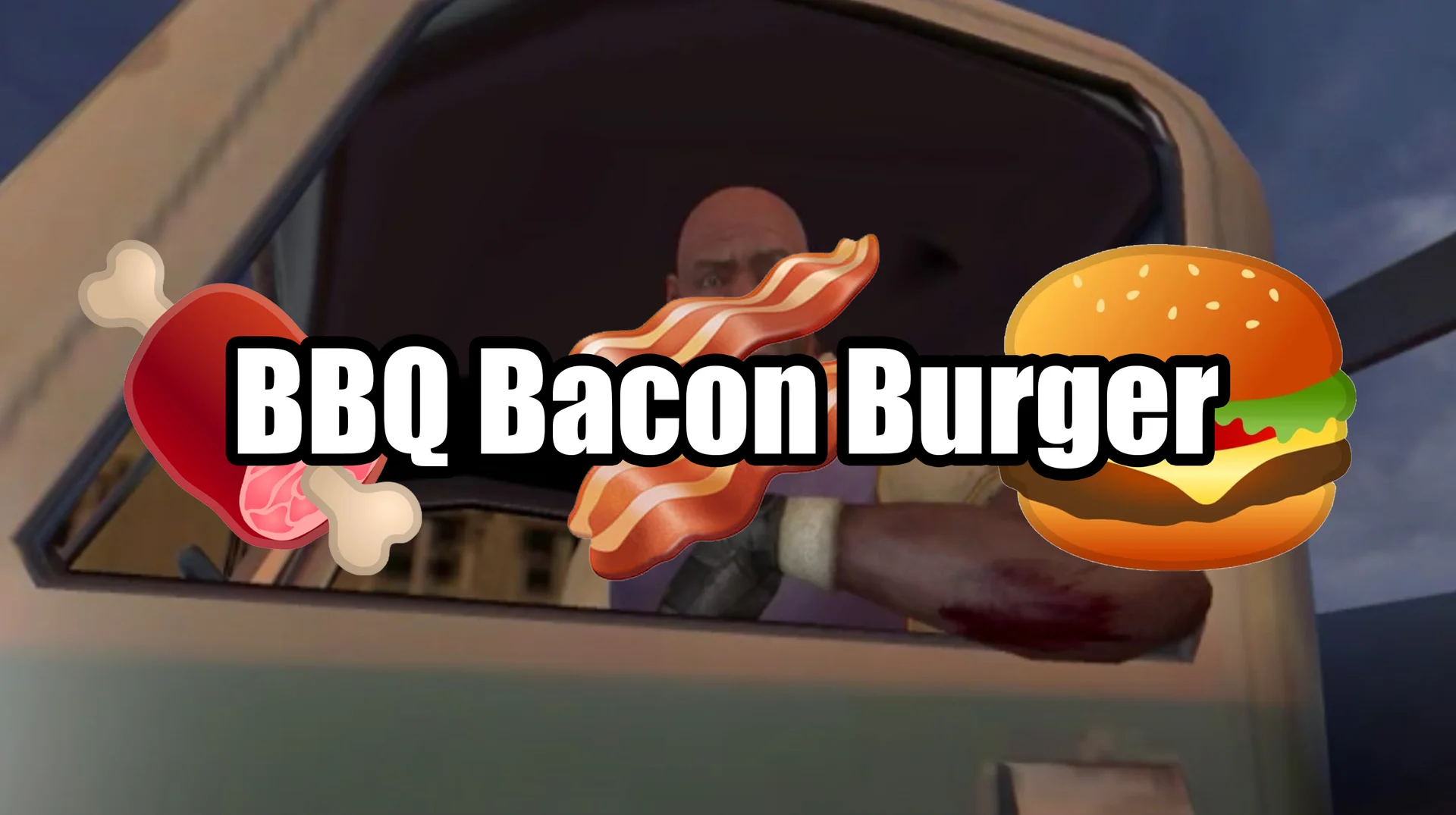 The entry banner for the BBQ Bacon Burger TikTok challenge, combining a video game screenshot with meat and burger emoji and the trend's catchphrase.
