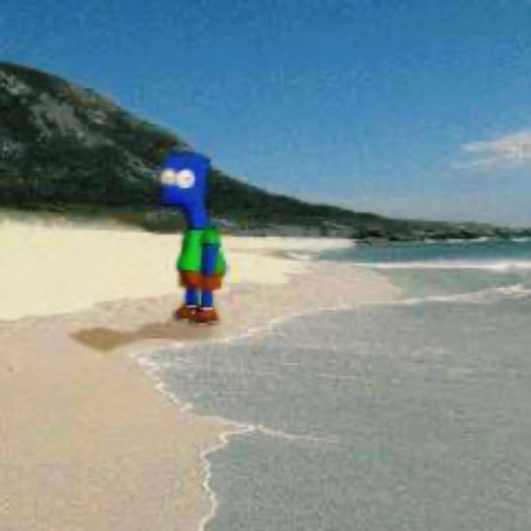 The blue Barf Symptons character edited into a beach vacation scene, a common remix of the meme.