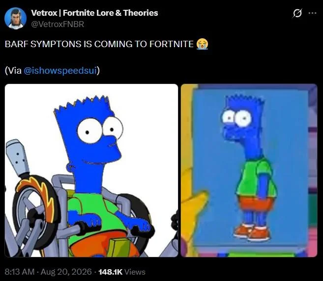 A viral tweet joking about Barf Symptons being added to Fortnite, showing the character in wheelchair and portrait forms.