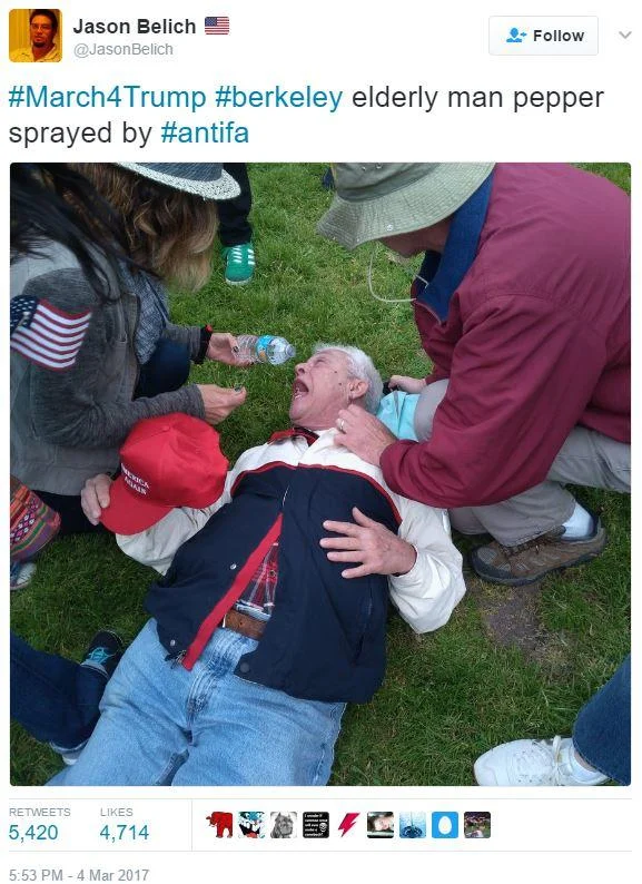 A viral tweet from the March 4, 2017 Berkeley rally showing an elderly Trump supporter being treated after a pepper spray attack — the type of incident that prompted Kyle Chapman's intervention.