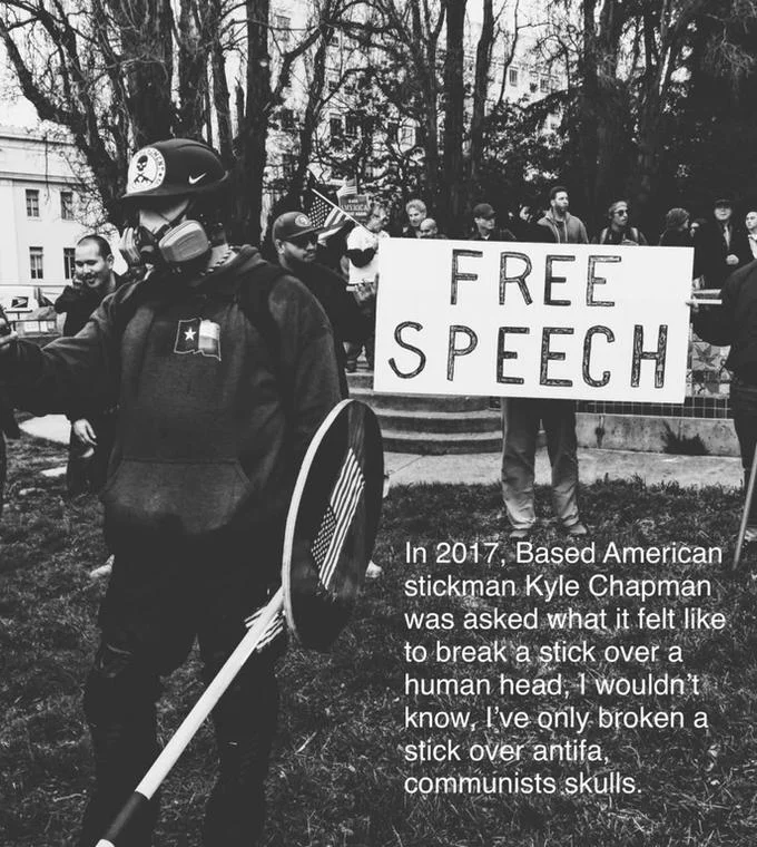 A quote-image meme circulated online featuring Kyle Chapman alongside his infamous remark about breaking sticks over 'antifa, communist skulls'.