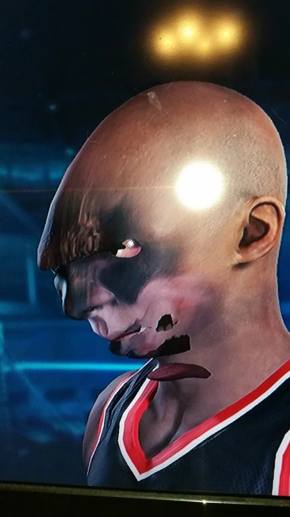 A notorious NBA 2K graphical glitch that became a viral meme for its unsettling appearance.