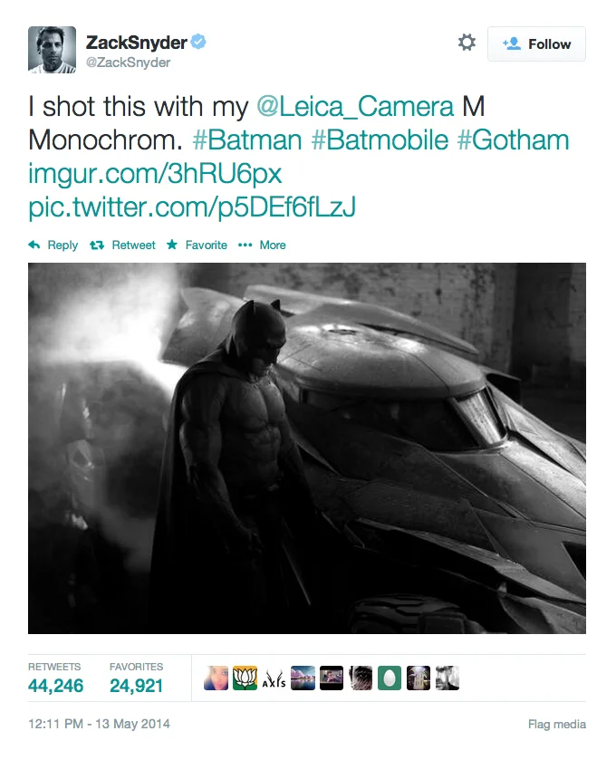 Zack Snyder's May 2014 tweet revealing the first look at Ben Affleck's Batman suit and the new Batmobile, which sparked widespread online discussion.