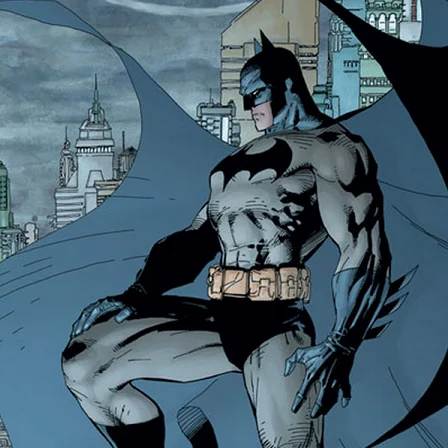 The iconic DC Comics superhero Batman, perched over Gotham in a classic comic book pose.