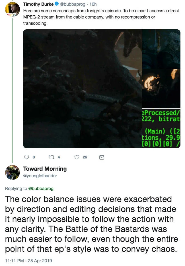 Timothy Burke posts direct MPEG-2 screencaps to highlight the dark, muddled visuals of the Battle of Winterfell, sparking a discussion about the episode's cinematography.