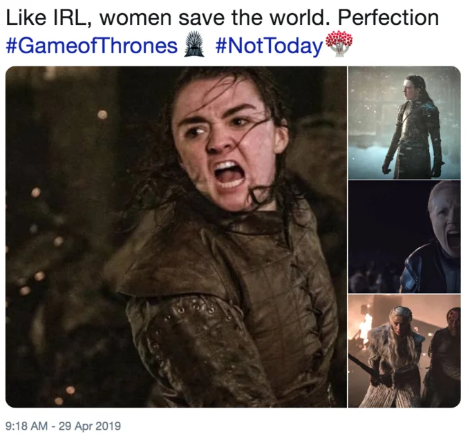 A fan tweet celebrating the women of Game of Thrones — Arya, Brienne, and Daenerys — following the Battle of Winterfell.