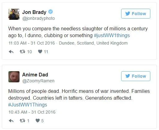 Twitter reactions criticizing the Battlefield 1 promotional #justWW1things campaign for making light of WWI casualties.