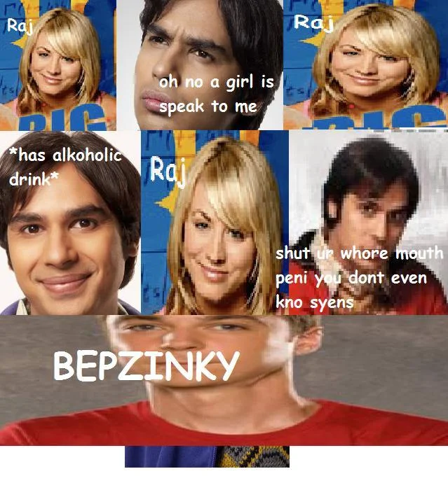 A deliberately low-effort parody meme mocking The Big Bang Theory characters, part of the ironic 'Bepzinky/Bazongo' remix wave of Bazinga jokes.