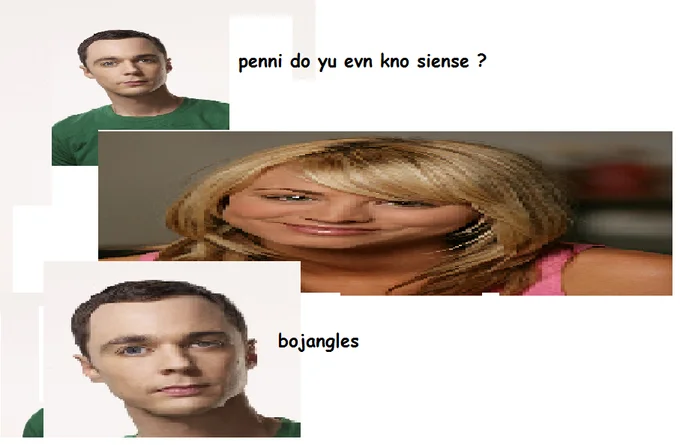 An 'ironic Bazinga' remix meme parodying The Big Bang Theory with intentionally poor spelling and image distortion.
