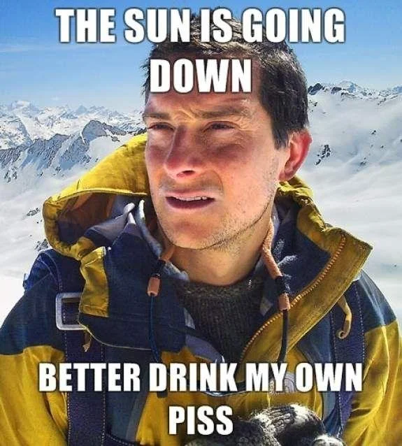 A newsfeed-format variant of the original Bear Grylls piss-drinking image macro.