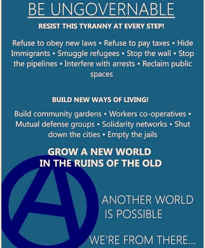 An activist poster titled 'Be Ungovernable' outlining tactics of civil disobedience and community building, tied to the broader anarchist origins of the slogan.