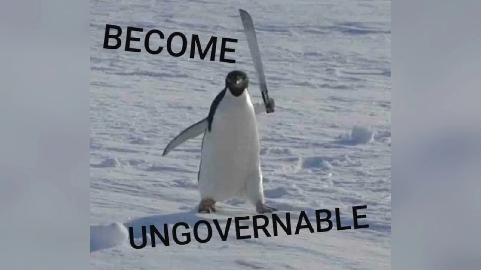 The iconic 'Become Ungovernable' penguin macro, featuring an Adelie penguin brandishing a machete — one of the most widely circulated variants of the meme.