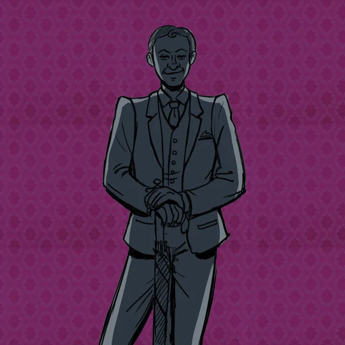 A cartoon character sports the classic 'bedroom eyes' expression paired with a confident smirk and formal attire.