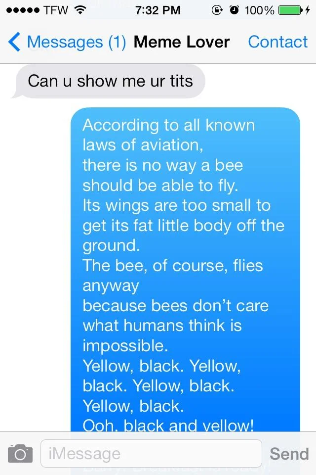 The 'Bee Movie script copypasta' meme, in which the film's opening narration is used to spam or troll unwanted texts and DMs.