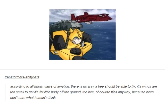 A Tumblr crossover meme applying Bee Movie's iconic 'laws of aviation' opening line to Bumblebee from Transformers.