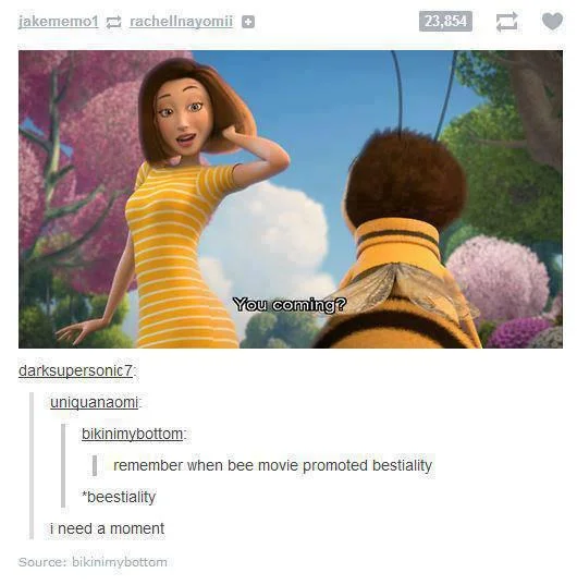 A widely reblogged Tumblr thread mocking the bee-and-human romantic subplot between Barry and Vanessa in Bee Movie.