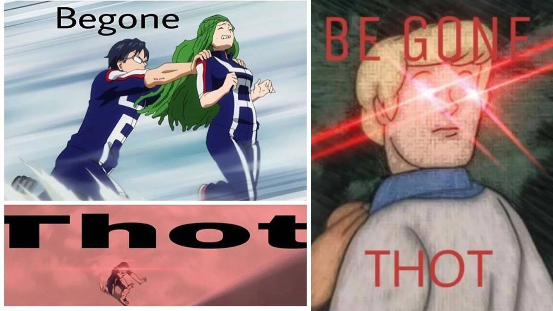 Cover collage for the 'Begone Thot' meme showing two of its most widely circulated variants.