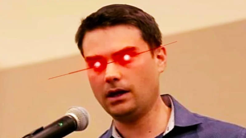 The iconic 'laser eyes' edit of Ben Shapiro used as the main image for the 'Ben Shapiro Destroys Liberals' meme.