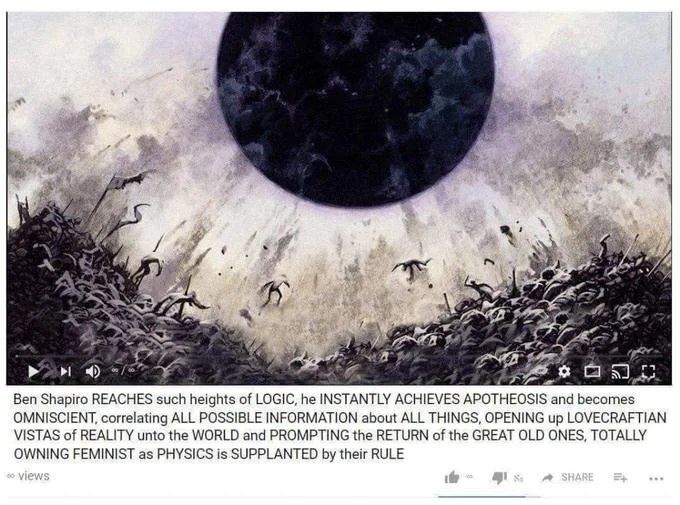 An elaborate parody that escalates 'Ben Shapiro DESTROYS' rhetoric into cosmic-horror territory, referencing Lovecraft's Great Old Ones.